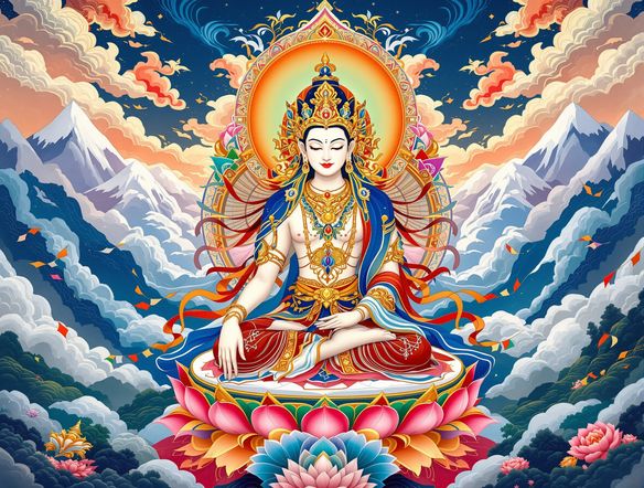 A vibrant Thangka style AI image of a Tibetan deity, Avalokiteshvara, surrounded by clouds and traditional Tibetan landscapes, rich colors, detailed brushwork, spiritual atmosphere, sacred art.