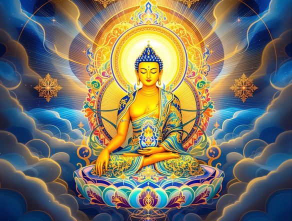 A digitally painted Tibetan Thangka depicting a serene Buddha, intricate patterns, vibrant gold and blue colors, spiritual aura, traditional motifs, sacred geometry, modern digital art style.