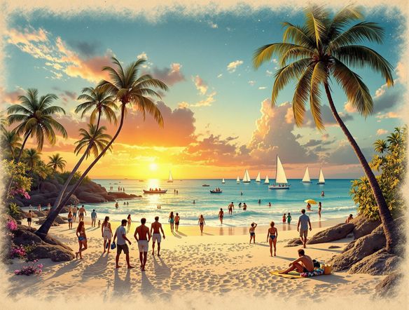 An idyllic beach scene at sunset, framed as a vintage postcard, clear and vibrant colors, photorealistic.