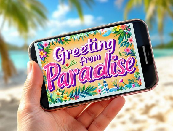 A vibrant postcard design featuring the words 'Greetings from Paradise' in a custom-generated, playful font. The postcard is displayed on a photorealistic iPhone mockup, sunny beach background. Showcase the font's appeal.