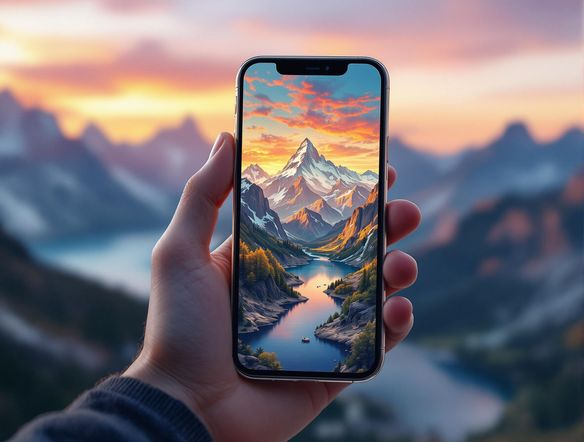 A beautifully designed postcard featuring a scenic mountain landscape displayed on a modern smartphone screen. The phone is held in a hand, showcasing the postcard's design in a realistic, everyday setting. Capture the feeling of sharing travel memories.