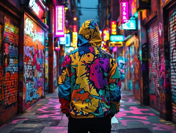 A person wearing a custom-designed hoodie standing in a vibrant urban setting, showcasing the hoodie's unique design and style.