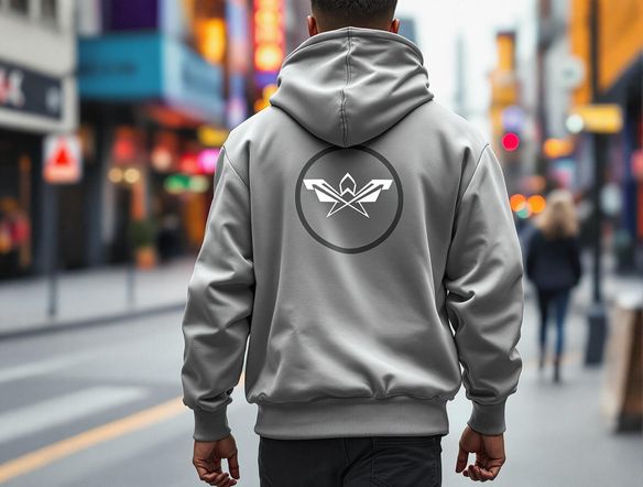 A sleek, modern hoodie mockup featuring a minimalist logo design. The hoodie is presented on a person walking in an urban environment, emphasizing style and wearability. Focus on clean lines and a professional aesthetic.