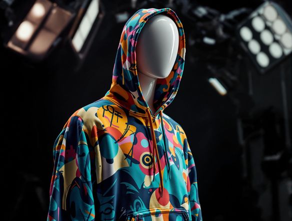 A photorealistic hoodie mockup showcasing a vibrant abstract design. The hoodie is displayed on a mannequin in a studio setting with professional lighting, highlighting the texture and details of the fabric.