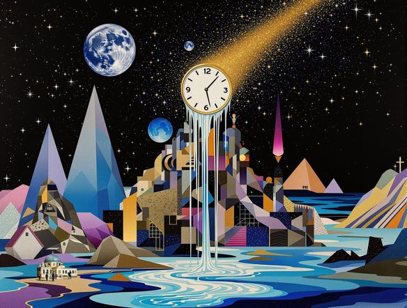 A vibrant, surreal digital collage featuring a clock melting into a starry sky, with geometric shapes and vintage photographs seamlessly blended.