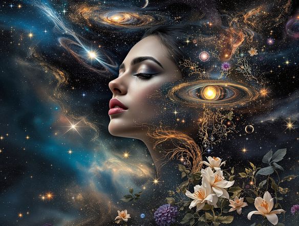 A surreal digital art collage blending a portrait of a woman with celestial elements like stars and nebulae, and fragments of nature like leaves and flowers. Moody, dreamlike atmosphere.