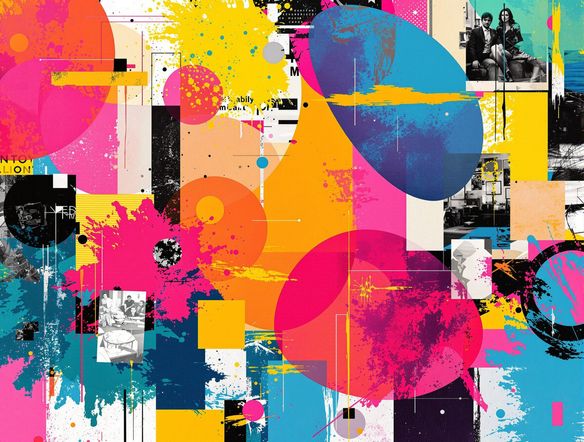 A vibrant, abstract digital collage created by an AI, featuring overlapping geometric shapes, splashes of paint, and snippets of vintage photographs. Bright, energetic color palette.