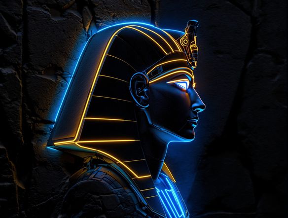 A modern digital Egyptian carving art piece depicting a pharaoh's profile, rendered with glowing neon lines on a dark, textured background.