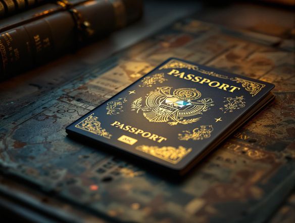 A close-up of a meticulously crafted fake passport, complete with intricate details and a holographic seal. The passport lies open on a vintage desk, illuminated by a soft, cinematic light. Hyperrealistic, 8k.