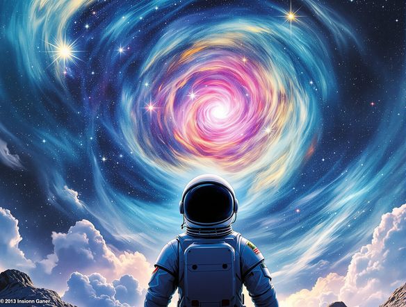 A dramatic, stylized movie poster with bold typography, featuring a lone astronaut gazing at a swirling nebula, hinting at a sci-fi adventure.