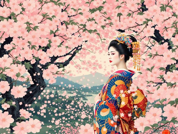 A vibrant Ukiyo-e print of a geisha in a cherry blossom garden, intricate details, woodblock texture, generated by AI, digital woodcut generator.