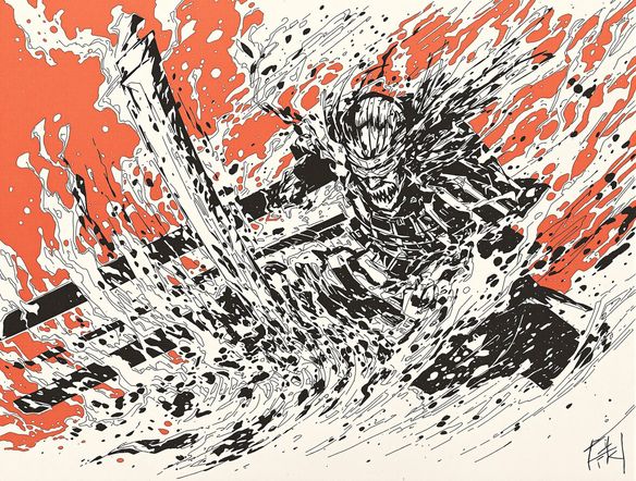 A striking relief print of a samurai warrior in battle, bold lines, textured ink, inspired by traditional printmaking, AI generated, relief printing generator.