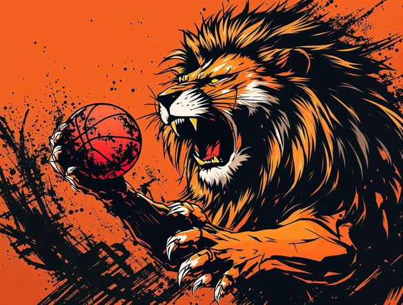An aggressive basketball team logo. A roaring lion with a basketball in its paw. Bold, vibrant colors of orange and black. Dynamic action pose. Modern, stylized vector illustration for sports branding.