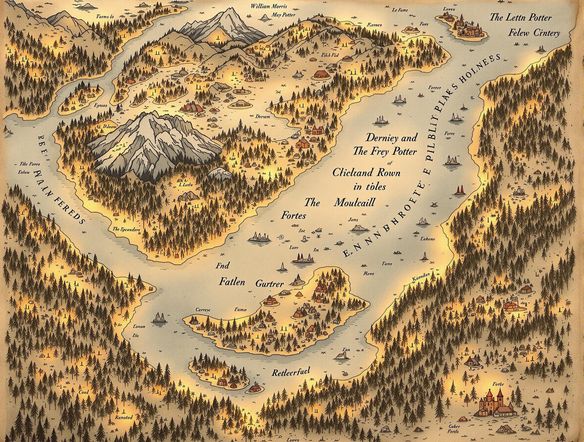 Overhead view of a parchment map with hand-drawn coastlines, forests, and mountain ranges, illuminated by the warm glow of candlelight.
