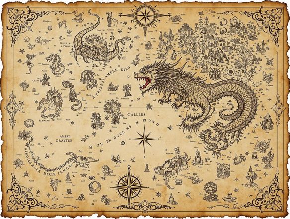 A stylized map resembling an ancient parchment, featuring hand-drawn illustrations of mythical creatures and a detailed compass rose. Incorporate subtle, ornate patterns using a tattoo generator free. Use muted, earthy tones. Bird's-eye view.