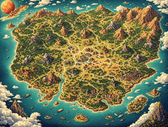 A highly detailed, vibrant world map in a fantasy style, complete with mountain ranges, rivers, forests, and cities. Include subtle tattoo ai generator designs on key geographical features. Use a warm color palette. Top-down view.