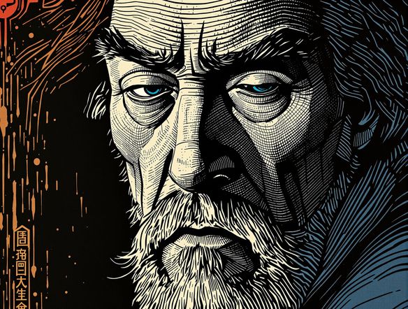 A stylized portrait with a strong relief print effect AI, featuring bold outlines and a limited color palette, reminiscent of a woodblock print, high detail.