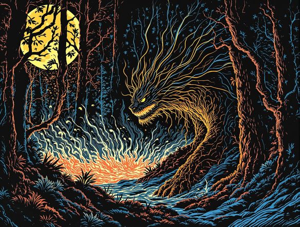 A vibrant, textured relief print of a mythical creature emerging from a forest, showcasing bold lines and contrasting colors typical of the art form.