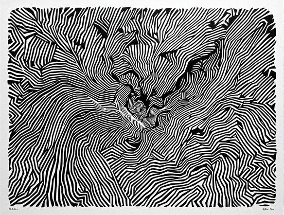 A visually striking relief print image generated by AI, showcasing deep carved lines and textured paper, abstract geometric pattern, high contrast, black and white.