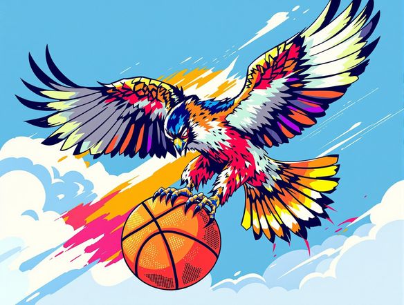 A dynamic basketball logo featuring a stylized falcon soaring over a basketball, vibrant colors, modern design.