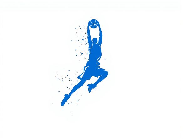 A minimalist basketball logo featuring a clean silhouette of a basketball player in mid-air, about to dunk. Use a single, strong color like electric blue against a stark white background. The design should evoke a sense of athleticism, skill, and modern style.