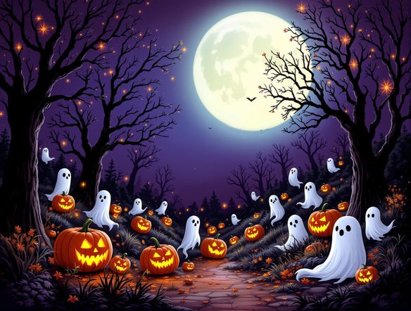 A vibrant Halloween scene with glowing jack-o-lanterns, friendly ghosts, and spooky trees under a full moon, rendered in a playful, artistic style.