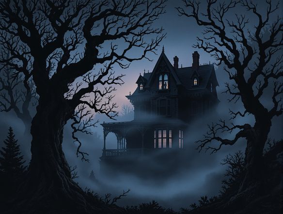 A detailed, atmospheric illustration of a Victorian haunted house at dusk, with a single light glowing in an upstairs window, surrounded by gnarled trees and a wispy fog. Haunted house art maker style.