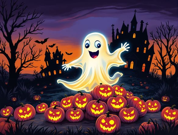A playful yet spooky scene featuring a friendly ghost hovering over a pile of glowing jack-o'-lanterns, with a silhouette of a haunted house in the background. Halloween character generator, vibrant colors.