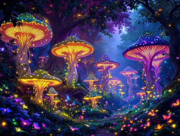 A vibrant, bioluminescent mushroom forest at twilight, with intricate glowing mushroom designs casting an ethereal glow on mystical flora and fauna.