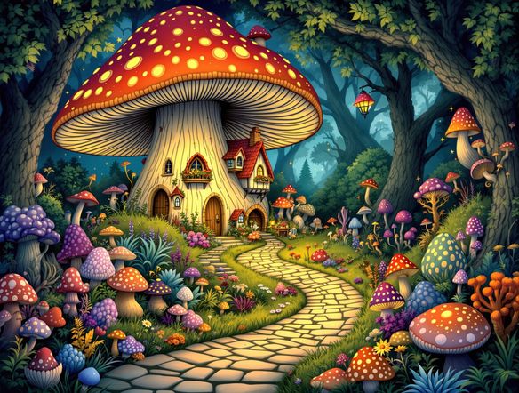 A quaint, cozy house built inside a giant, colorful mushroom, with a winding path leading through an enchanted grove filled with diverse fungi art. Whimsical, storybook illustration.