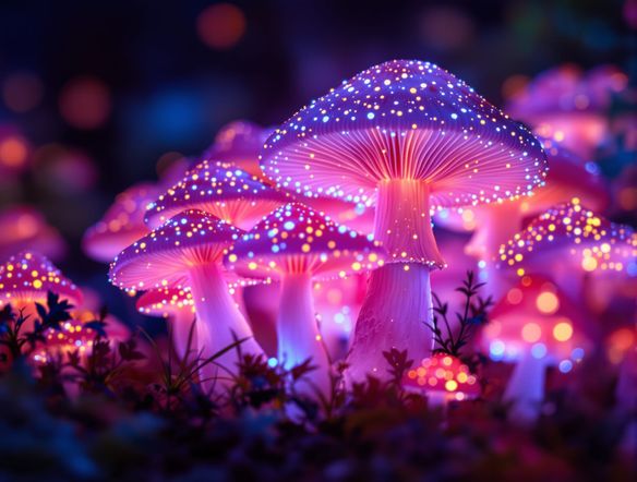A close-up of a cluster of glowing, bioluminescent mushrooms in a dark, enchanted forest, emitting a soft, ethereal light. Magical forest art maker style, intricate details.