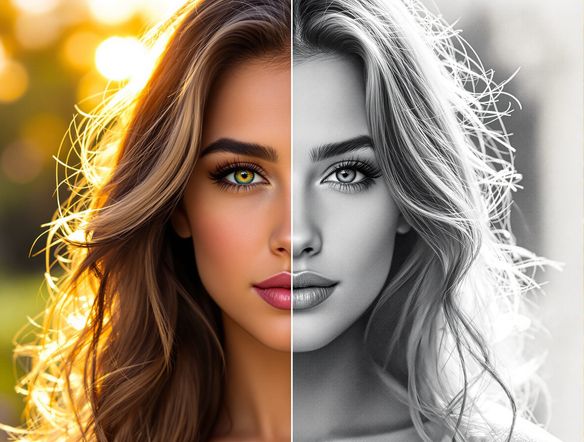 A vibrant portrait photo seamlessly transitioning into a detailed, realistic pencil sketch, showcasing the AI's transformation capabilities. Digital pencil drawing AI, free sketch generator.