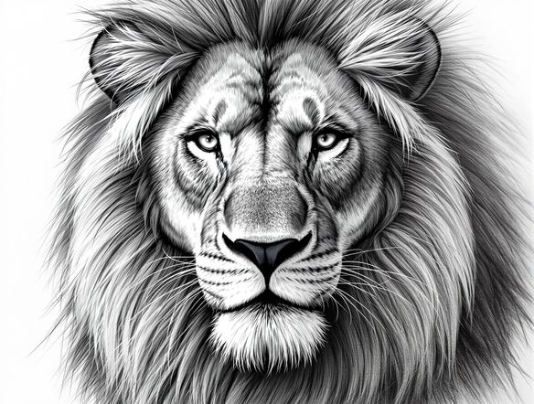 Close-up of a majestic lion's face, rendered as a highly detailed and realistic pencil sketch, emphasizing texture and shading. Convert photo to pencil sketch AI, realistic sketch generator.