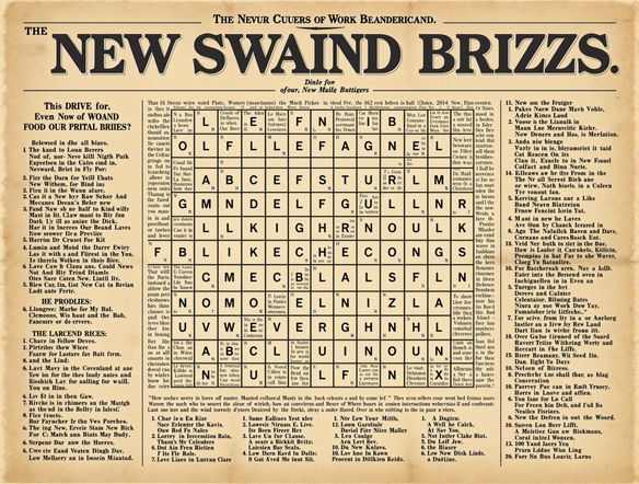 A dynamic crossword puzzle grid with highlighted words, surrounded by vintage typography elements and a classic newspaper texture.