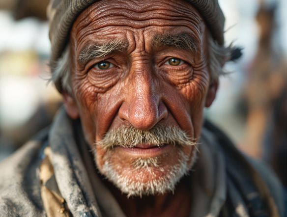 A hyper-realistic portrait of an elderly fisherman, weathered face, detailed wrinkles, soft natural lighting, shallow depth of field, digital realism art.