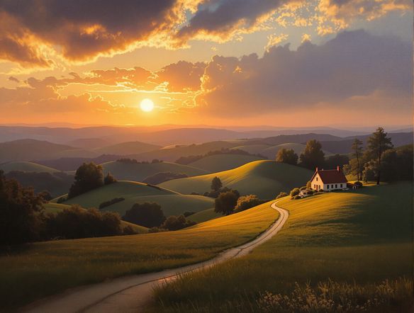 A serene landscape painting in the classical realism style AI, rolling hills at sunset, a lone cottage, dramatic lighting, oil on canvas texture, hyper-realistic painting.