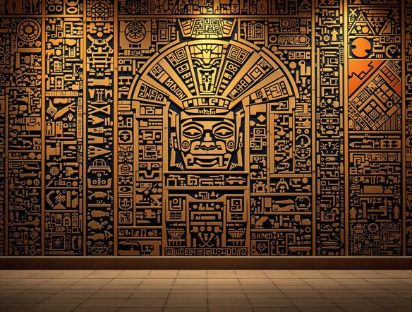 A vibrant digital mural depicting intricate Mayan glyphs and symbols, rendered in a style reminiscent of ancient Maya wall art, with a modern AI-generated aesthetic.