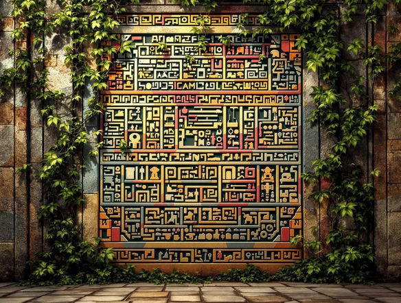 A vibrant, ancient Mayan mural depicting intricate AI Mayan glyphs, with a stone texture and jungle foliage creeping in, rendered in a realistic, detailed style.