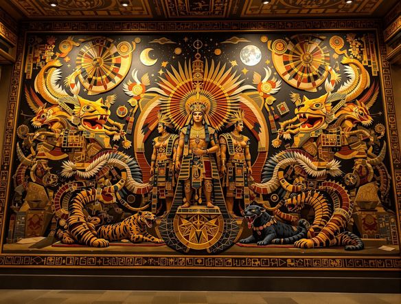 An epic AI-generated mural showcasing a scene from Mayan civilization, featuring rulers, gods, and symbolic animals, rendered with the detail and grandeur of ancient Mesoamerican art.