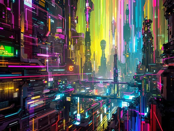 A futuristic cityscape viewed through a digital glitch, vibrant RGB split effect, intense chromatic aberration, neon lights, high detail, cybernetic aesthetic.