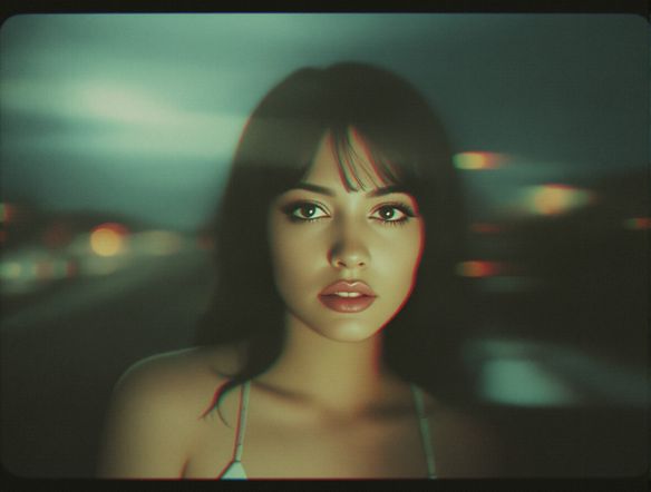 A portrait of a person with a subtle retro VHS effect, showcasing camera lens distortion AI and chromatic aberration, soft focus, grainy texture, vintage color palette.