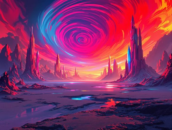A surreal landscape with distinct red and blue color fringing along the edges of objects, hinting at a digital glitch effect.
