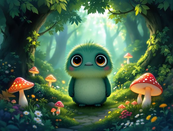 A friendly forest spirit with large, curious eyes, surrounded by vibrant, detailed natural background art, Studio Ghibli style, whimsical character design generator, enchanted forest setting, glowing mushrooms, gentle sunlight.