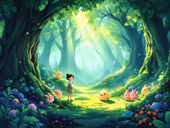 A whimsical, hand-drawn style illustration reminiscent of Studio Ghibli, featuring a young girl interacting with fantastical creatures in a lush, vibrant forest clearing.