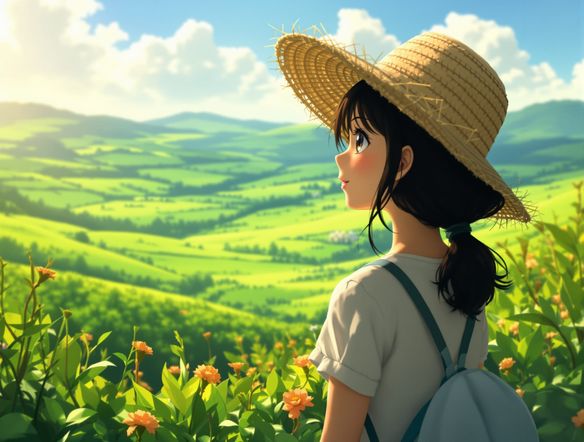 A young girl with a straw hat looking out over a lush, green valley, Studio Ghibli style, soft painterly textures AI, serene atmosphere, hand-drawn aesthetic, generate Hayao Miyazaki animation.