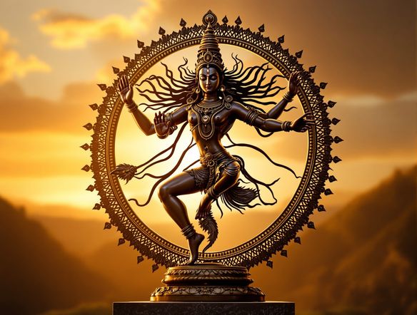 A majestic Chola bronze sculpture of a dancing Shiva, intricately detailed, bathed in golden light, with a subtle AI-generated pattern overlay.