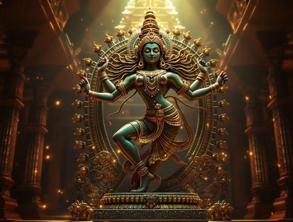 A majestic Chola bronze sculpture of the Nataraja cosmic dancer, Shiva in his divine dance pose, intricate details, weathered patina, temple background, hyperrealistic, AI generated South Indian bronze sculpture.