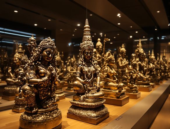 A collection of meticulously crafted Indian temple bronzes AI, showcasing various deities and figures, inspired by Chola dynasty art, displayed in a museum setting, detailed textures, lost-wax casting art generator aesthetic.