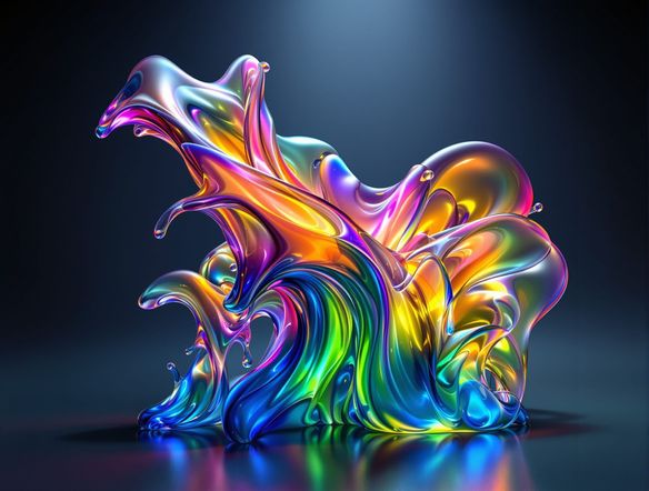 A vibrant, fluid molten glass sculpture AI, dynamic curves and drips of iridescent color, captured in a dramatic spotlight, realistic texture, digital art.