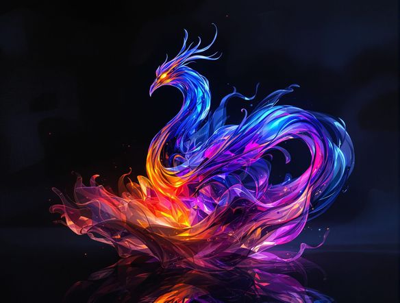 An ethereal, swirling glass sculpture resembling a phoenix, illuminated from within by vibrant, molten colors, set against a dark, abstract background.